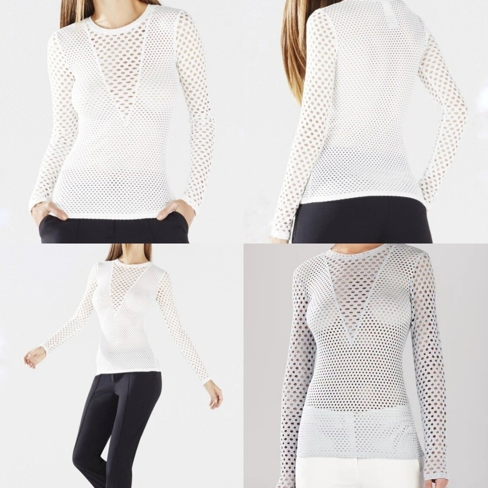 BCBG Max Azria ‘Elain' Long Sleeve Stretch White Mesh Top Long Sleeve Sheer Mesh